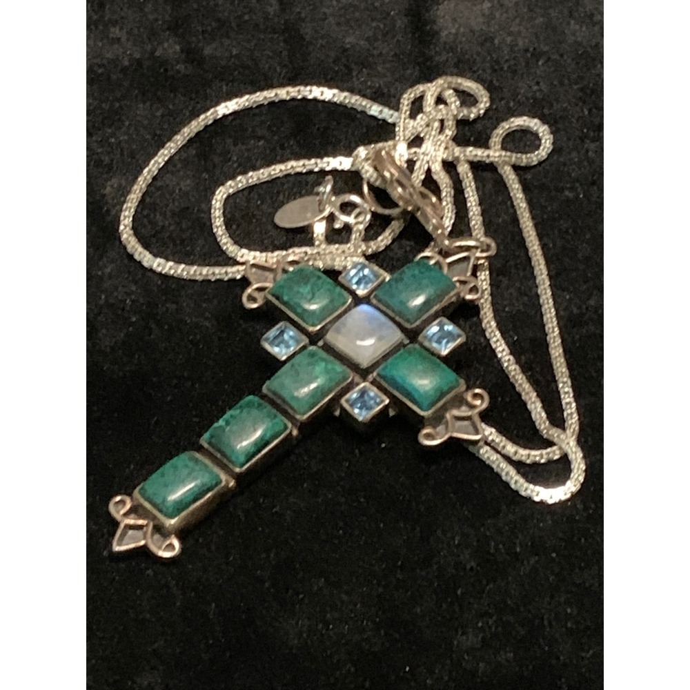 Nicki Butler 925 Cross Pendant Malachite Moonstone Blue Topaz Filigree Necklace